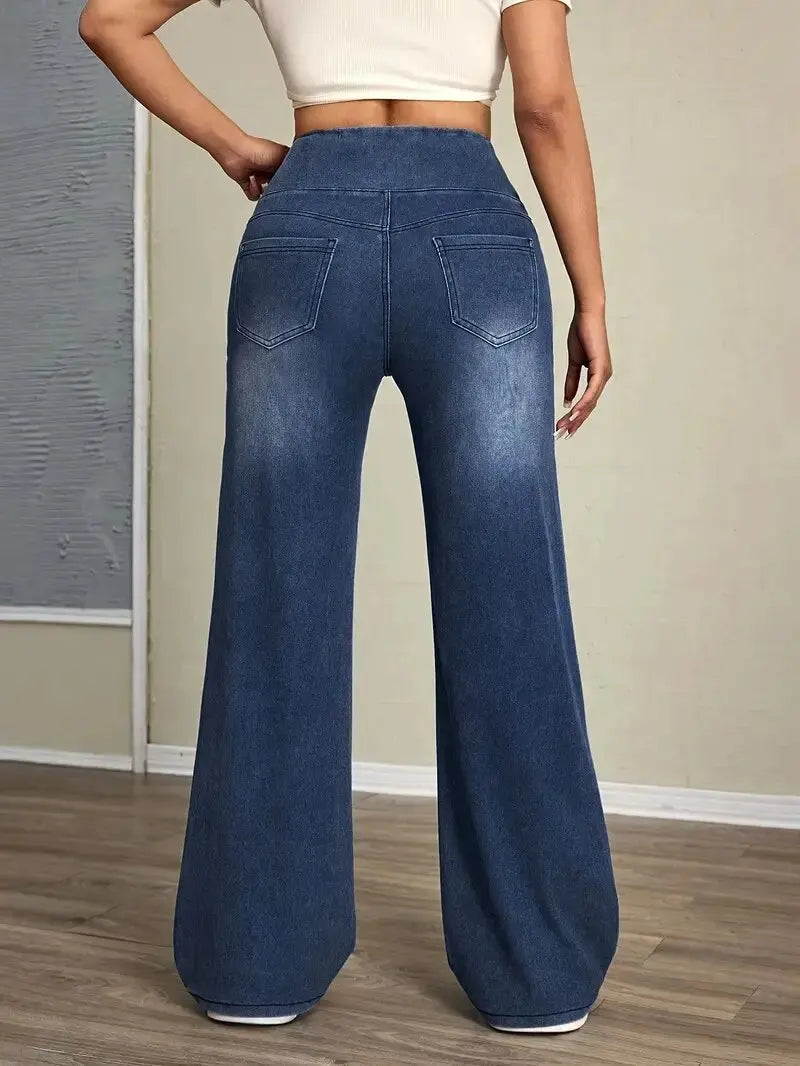 Women's Jeans New Elastic Waist High Stretch Loose Straight-Leg Pants Trendy Comfortable Versatile Cross-Border